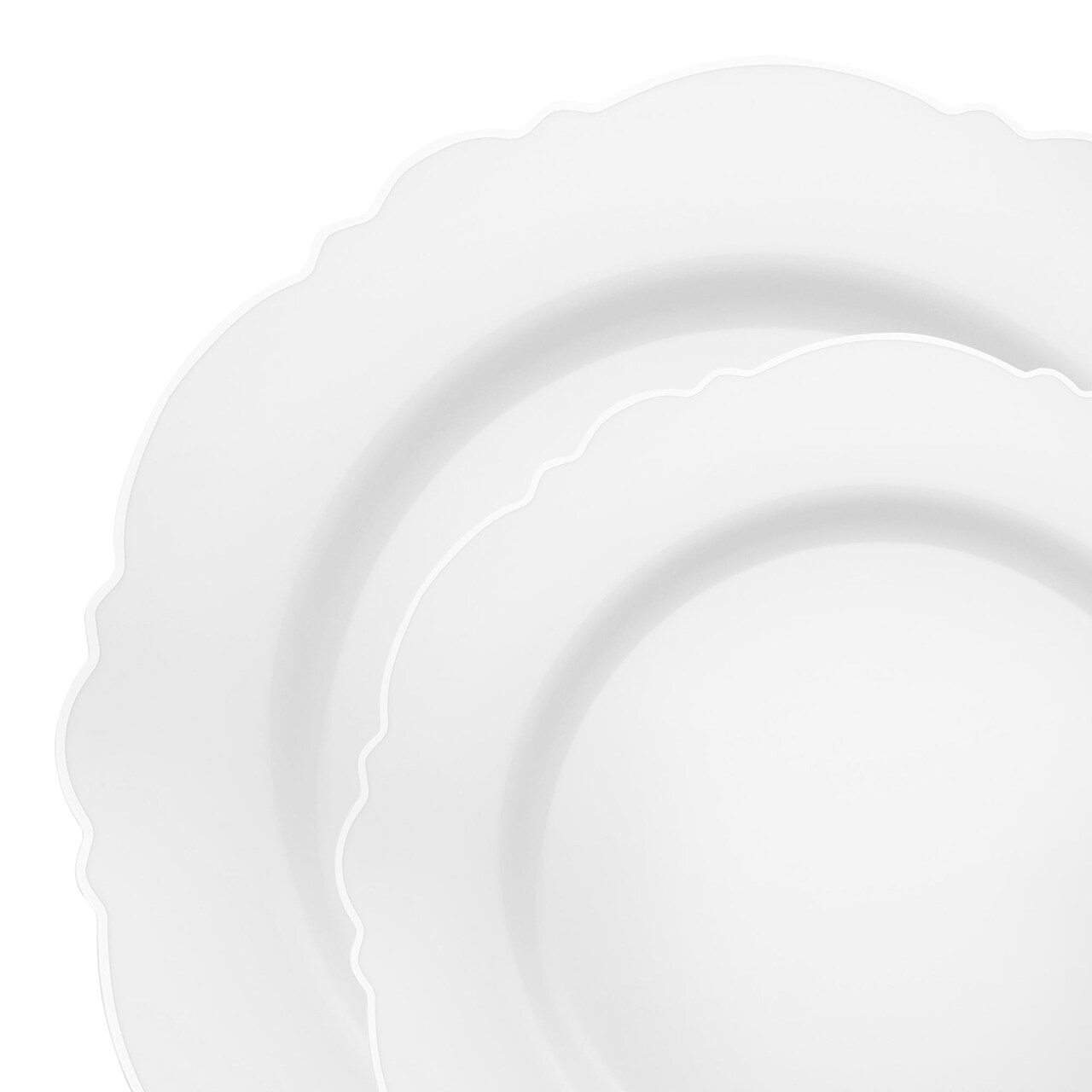 White with Silver Rim Round Blossom Disposable Plastic Dinnerware Value Set (120 Guests)